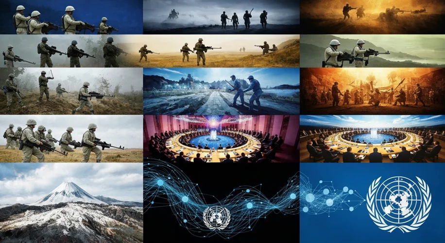 A montage of images showing UN peacekeeping soldiers in diverse locations, a UN General Assembly mee