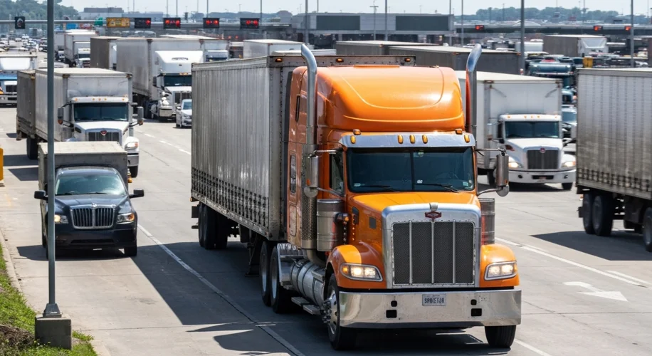 A modern image showing a bustling truck crossing a busy Canada-US border checkpoint, symbolizing the