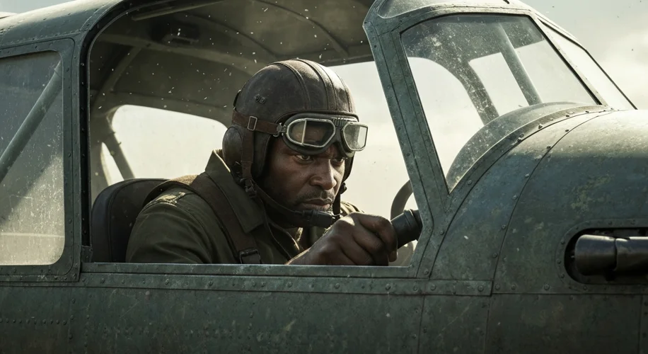 A tense scene inside the cockpit of a vintage propeller airplane, with a mercenary pilot in a leathe
