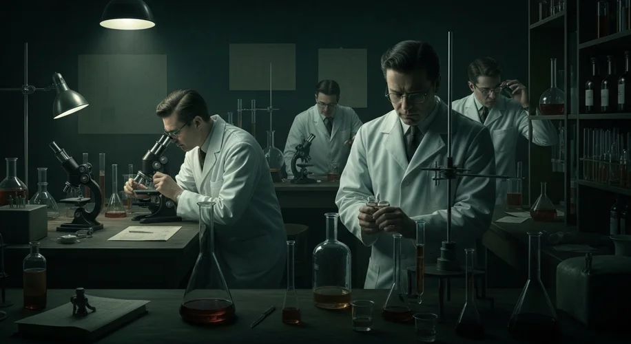 A vintage laboratory scene from the 1950s, with scientists in white coats examining test tubes and m