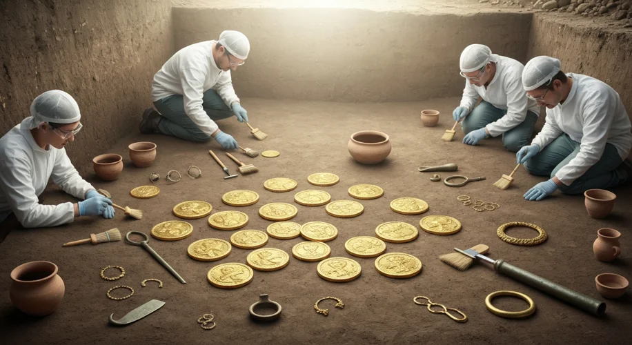 An archaeological dig site near Leipzig, Germany, showing a scatter of Celtic gold 'Rainbow Cup' coi
