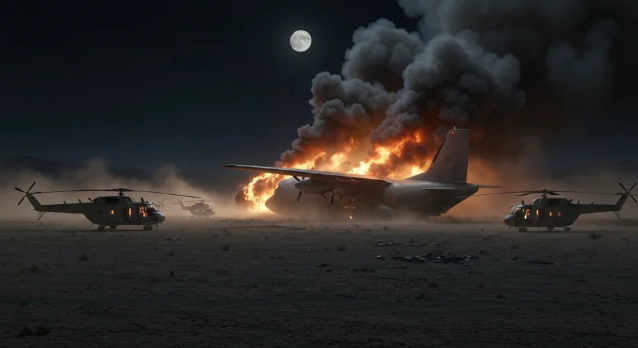 A dramatic scene depicting the failed Operation Eagle Claw in the Iranian desert at night. Several h