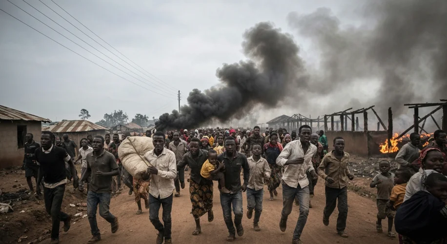 A harrowing scene depicting the Rwandan Genocide: A narrow dirt road lined with terrified people, so