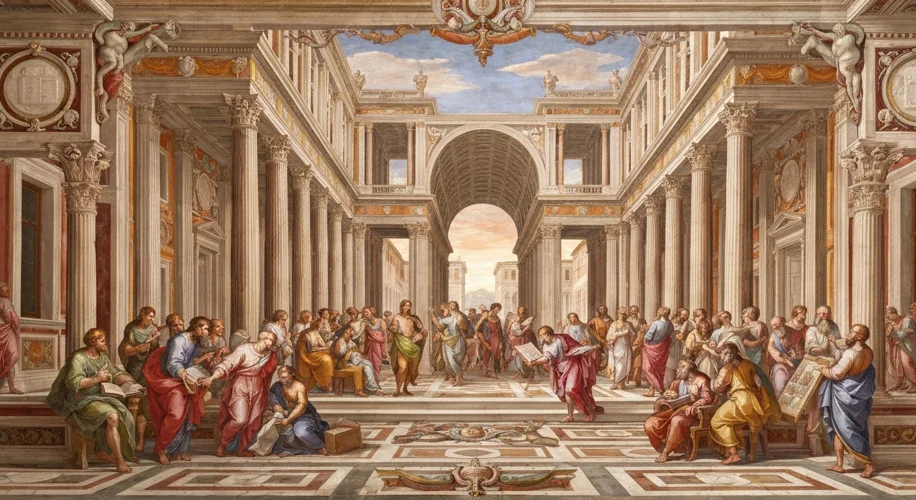 A vibrant Renaissance fresco depicting scholars and artists debating in an airy courtyard, surrounde