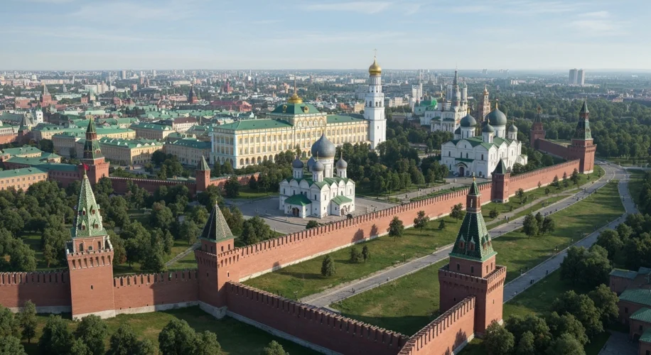 A bird's-eye view of the Moscow Kremlin in the late 15th century, showcasing its newly fortified wal