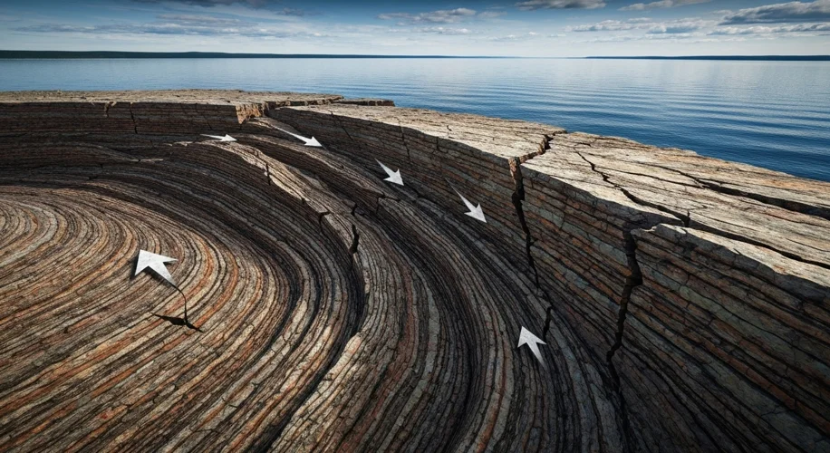A geological cross-section showing layers of ancient volcanic rock, with arrows indicating immense p