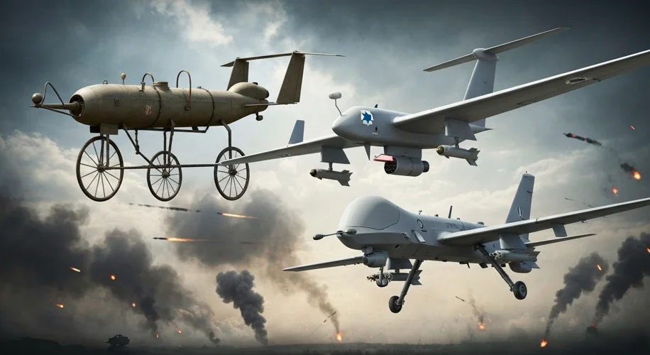 A collage of historical and modern drones: a 1918 Kettering Bug, a 1980s Israeli reconnaissance dron