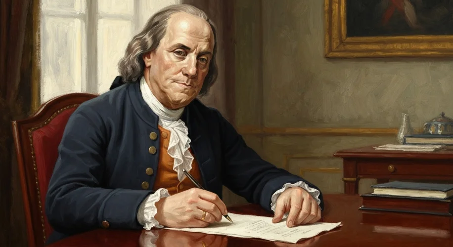 An 18th-century depiction of Benjamin Franklin in Paris, perhaps signing a treaty or in deep convers