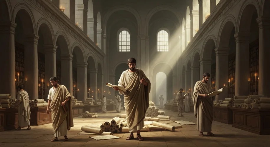 An artist's impression of the ancient Library of Alexandria, showcasing grand Hellenistic architectu