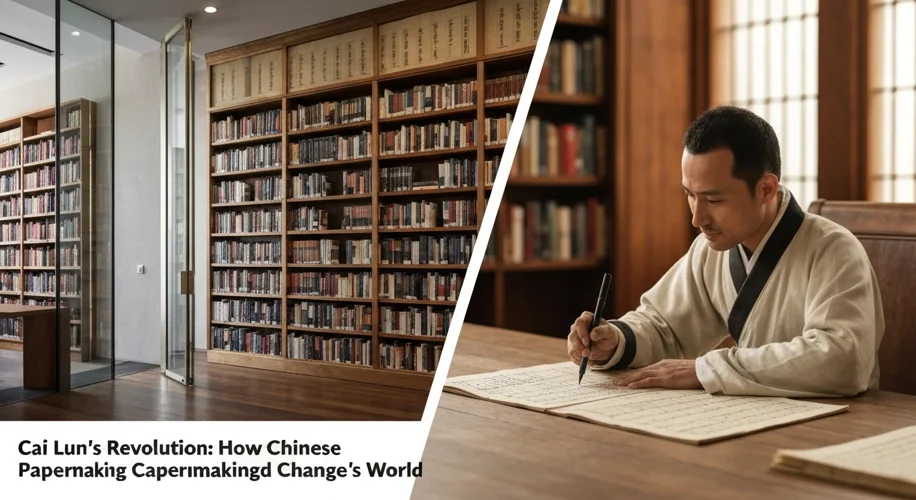 A split image showing a modern library on one side and ancient Chinese scholars writing on bamboo sl