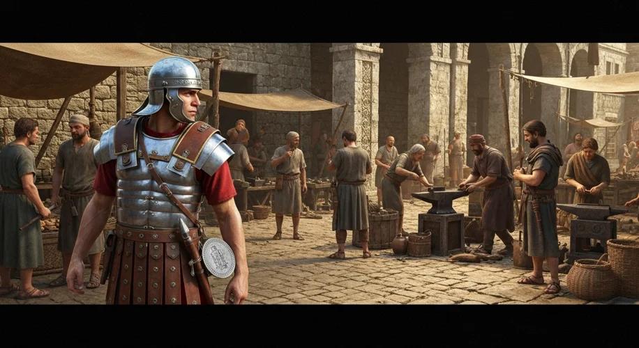 A Roman legionary in Britain, holding a silver denarius coin and looking towards a bustling, Roman-s