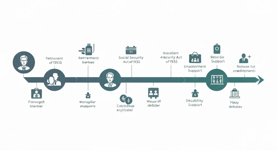 A timeline graphic showing key milestones in the evolution of Social Security, from its 1935 incepti