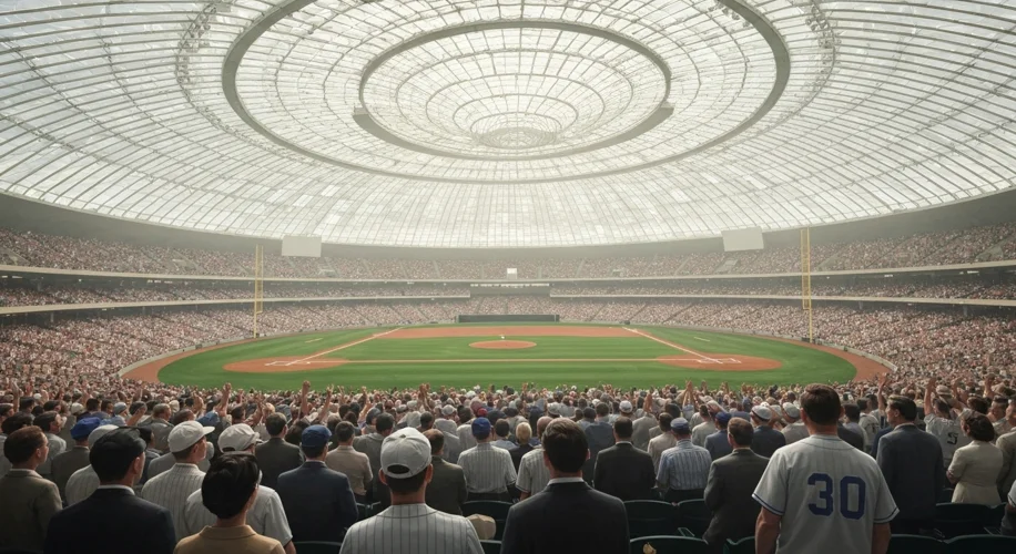 A wide-angle shot of the Houston Astrodome's interior, showcasing the vast, domed ceiling made of tr