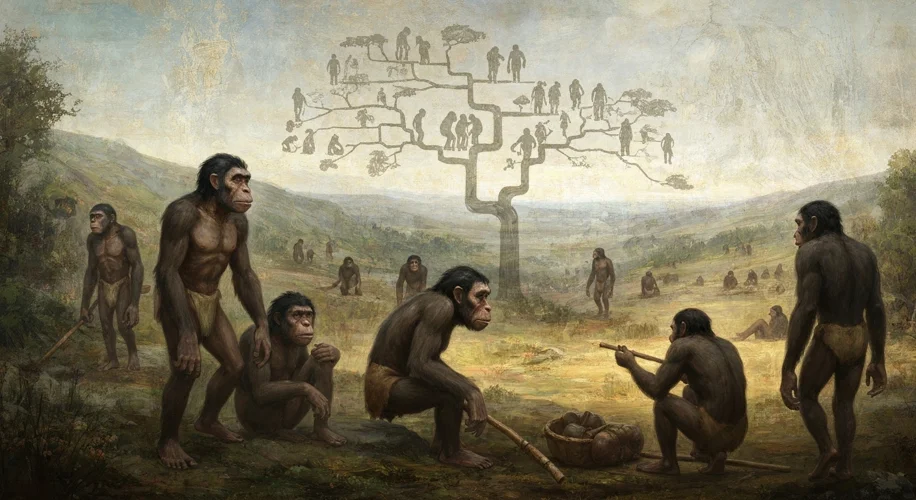 An artist's rendition of early hominids, including Neanderthals and Homo erectus, interacting in a p