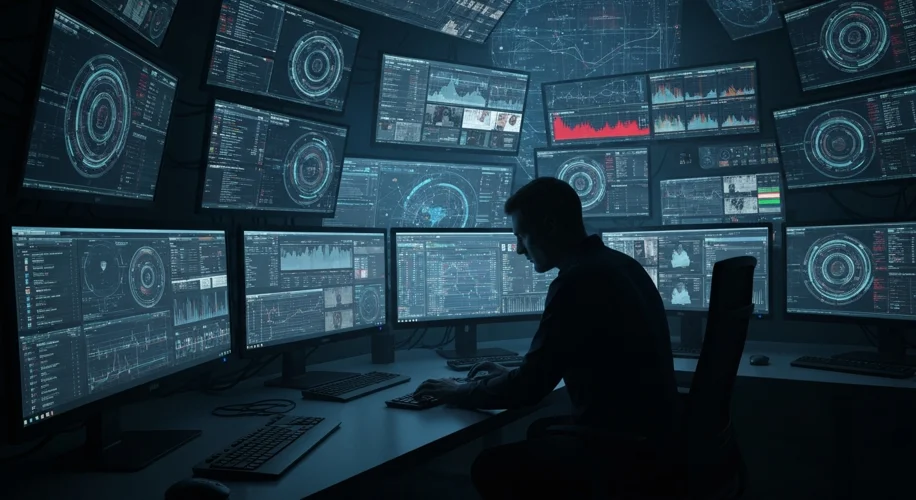 A dimly lit room with multiple computer screens displaying a chaotic network of social media feeds a