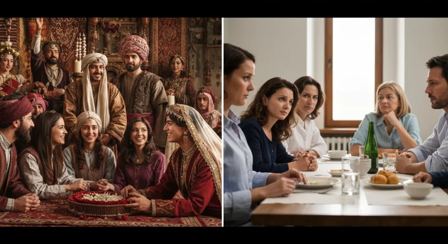 A split image showing on one side a traditional wedding ceremony in the Middle East where the couple