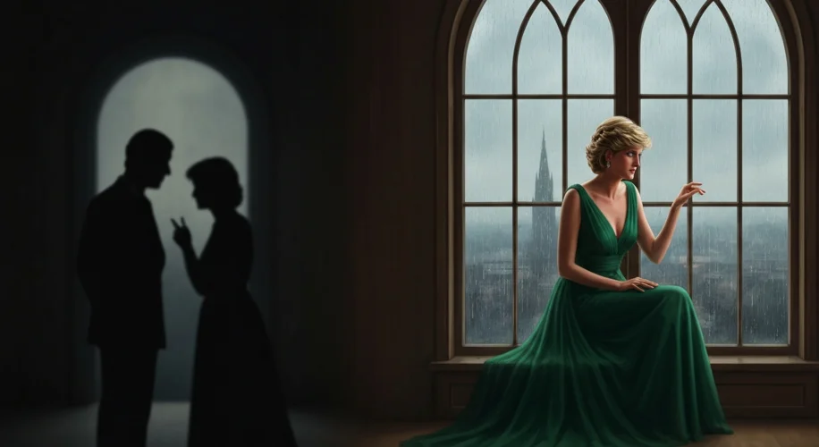 A dramatic, slightly melancholic image of Princess Diana in an elegant evening gown, perhaps looking