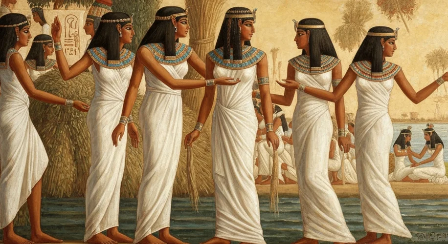 A vibrant ancient Egyptian fresco depicting women in flowing white linen garments, some with ornate 