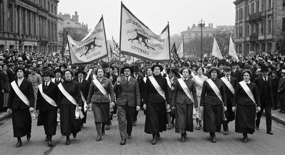 A dynamic black and white photograph from the early 20th century showing suffragettes marching with