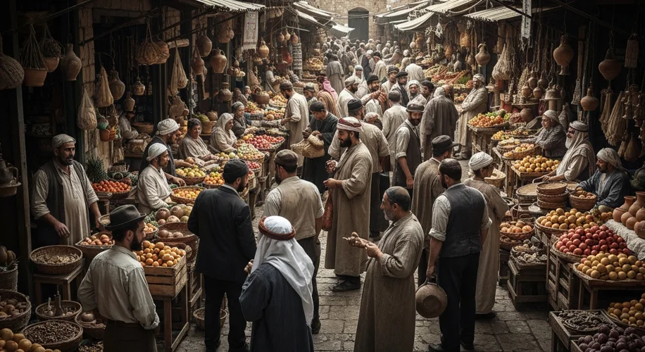 A bustling marketplace in Jerusalem during the British Mandate period, with Jewish and Arab vendors 