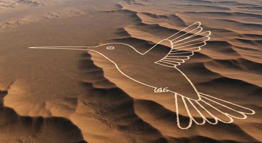 A bird's-eye view of the Nazca Desert showing the giant hummingbird geoglyph, with its long beak and