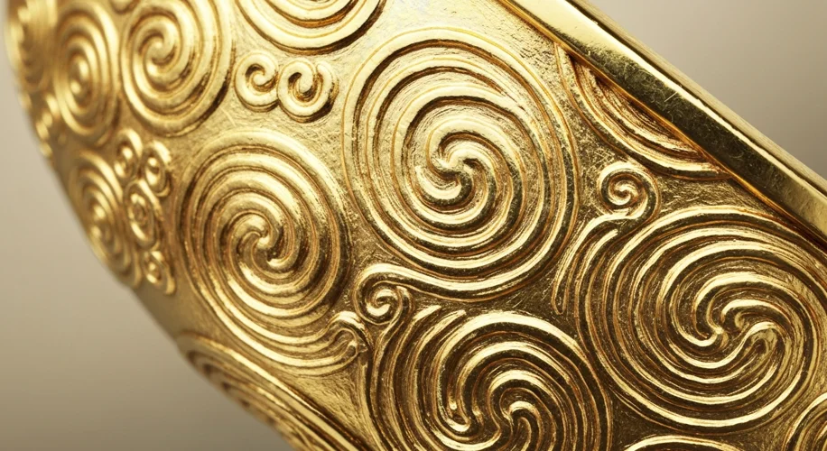 A close-up, high-detail photograph of a Celtic gold 'Rainbow Cup' coin, showcasing its intricate swi