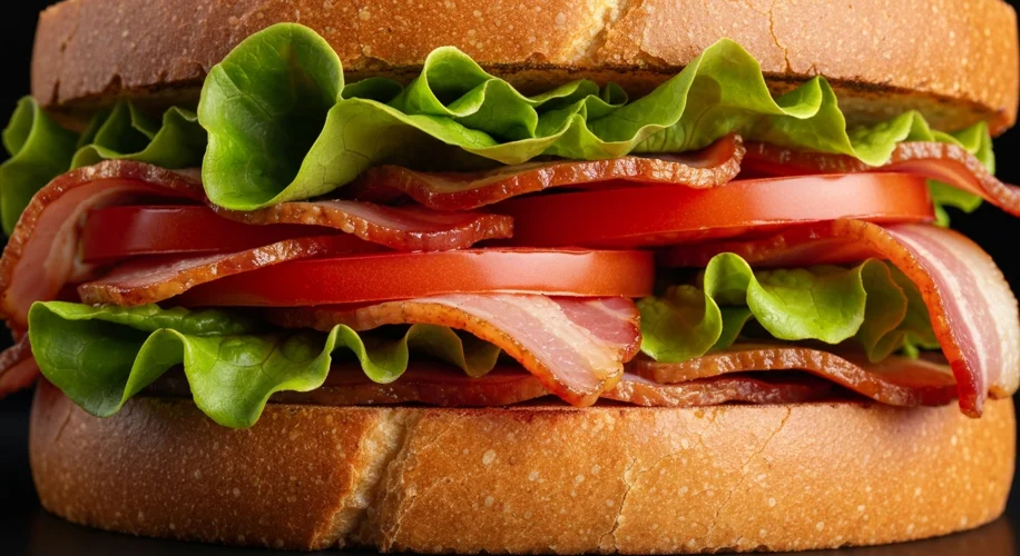 A close-up, mouth-watering shot of a perfectly constructed BLT sandwich, with thick-cut bacon peekin