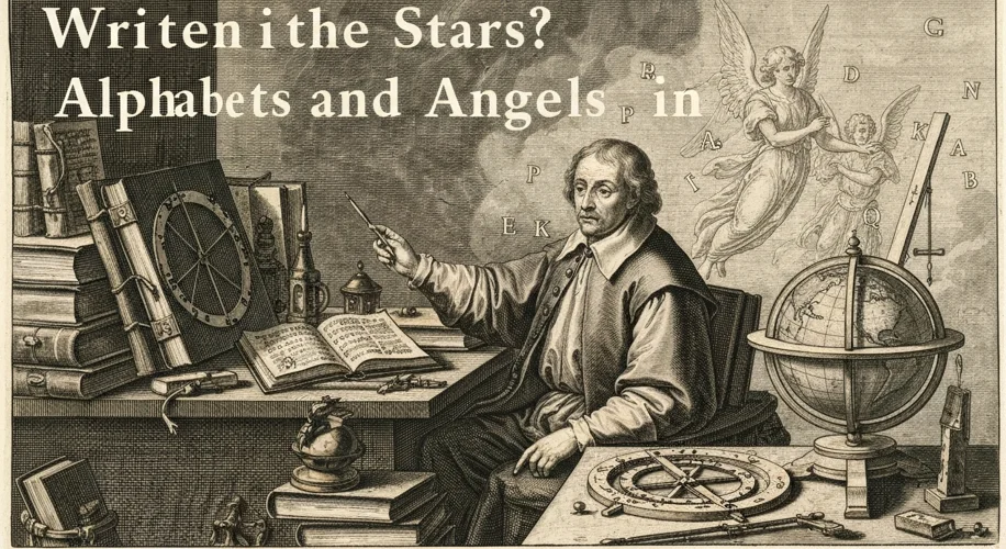 An engraving depicting an early modern European scholar in a study, surrounded by books, astronomica