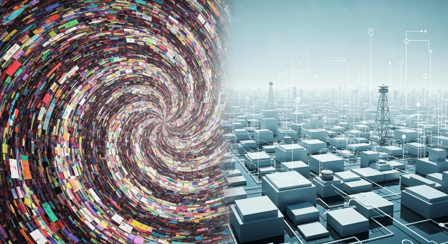 A split image showing on one side a chaotic, free-flowing digital stream of text and images represen