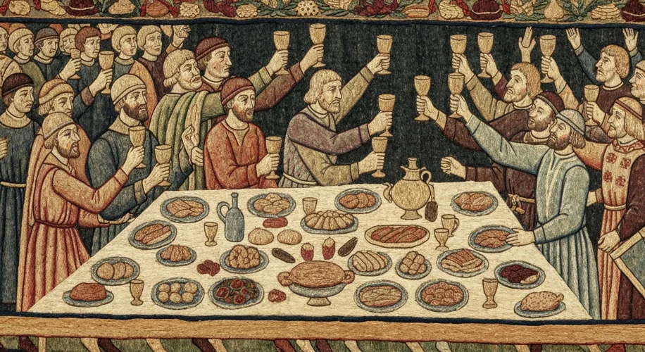 A section of the Bayeux Tapestry showing a feasting scene with Normans celebrating. Tables are laden