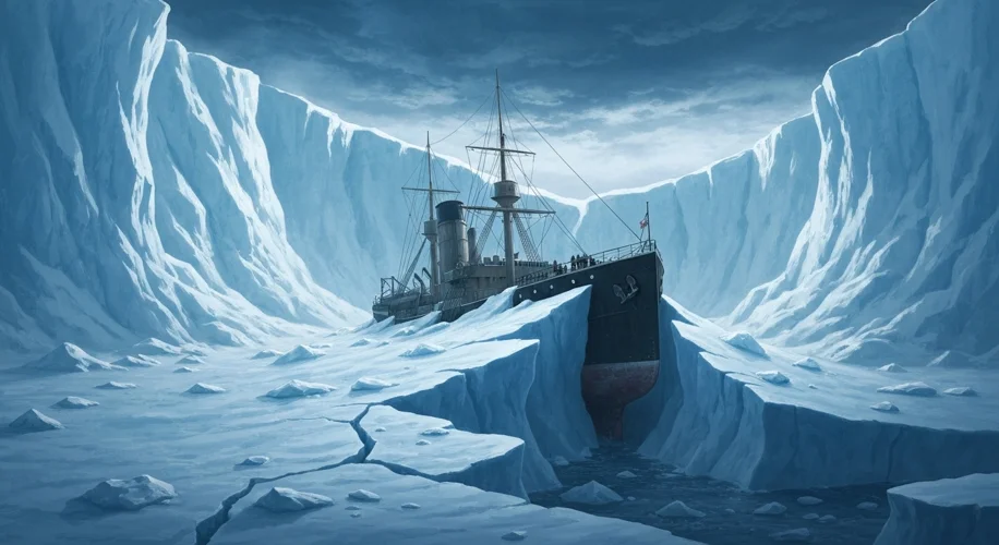 An illustration of the ship Endurance trapped in thick Antarctic ice, with a sense of immense pressu