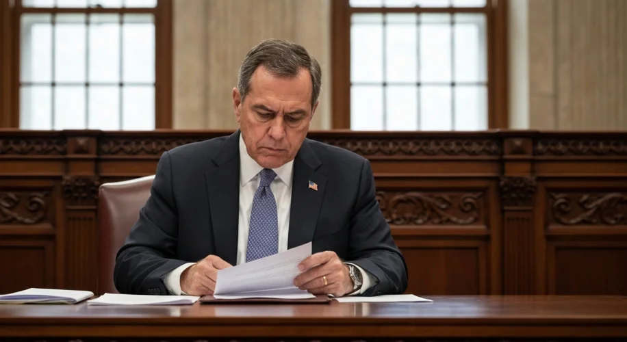 Senator Bob Menendez in the US Senate chamber, looking serious and determined.
