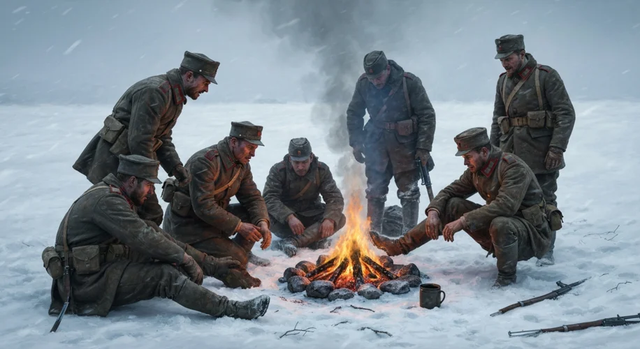A somber scene of French soldiers huddled around a meager campfire in the snow. Some are tending to 