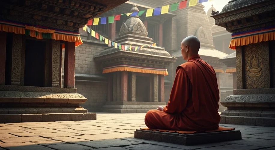 A serene Buddhist monk meditating in a temple courtyard, with ancient scriptures and prayer flags vi