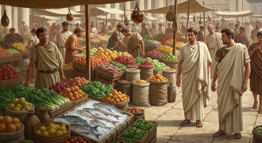 A bustling ancient Roman marketplace scene. Vendors are selling fruits, vegetables, grains, and fish