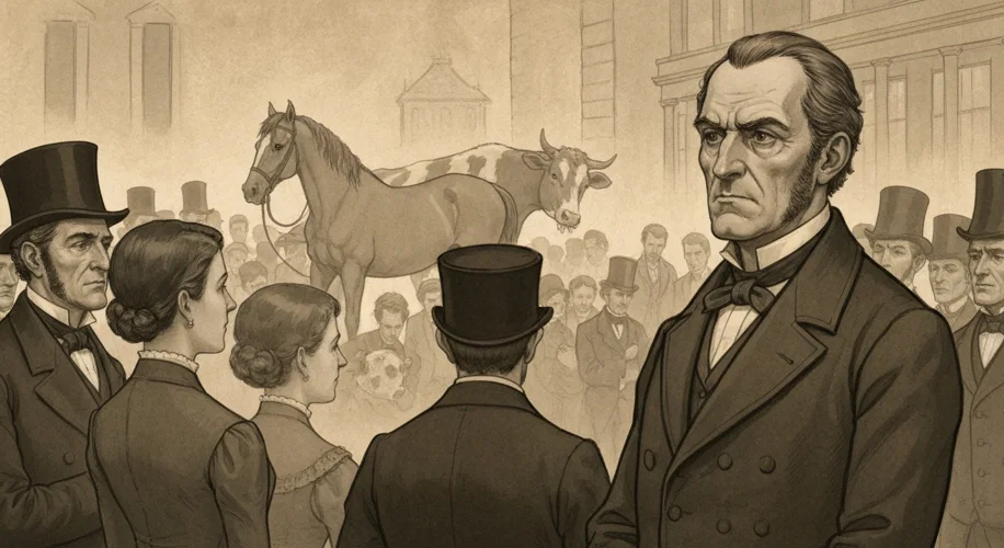 A sepia-toned illustration depicting Richard Martin addressing a Victorian-era crowd, with a distres