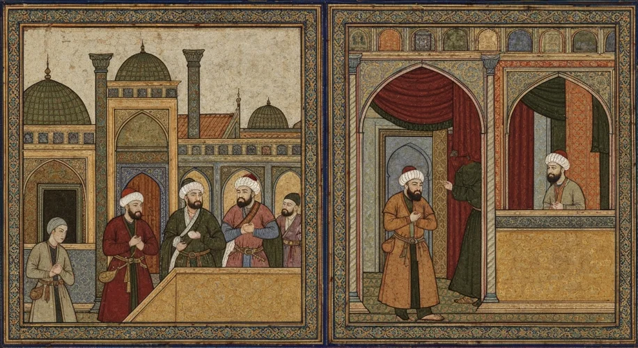 A medieval Persian miniature painting depicting the Buyid ruler Amir al-Umara entering Baghdad, with
