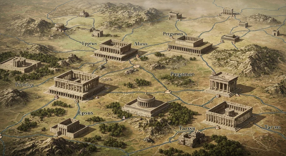 A detailed map of ancient Roman Anatolia, highlighting major cities like Ephesus, Pergamon, and Tars