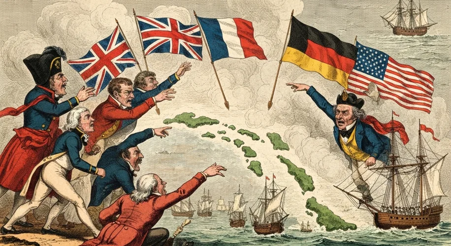 A 19th-century political cartoon depicting European powers and the United States vying for control o