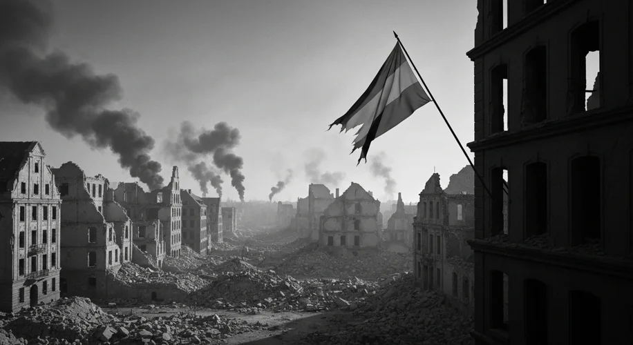 A somber, black and white image depicting the desolate ruins of a European city in the aftermath of 