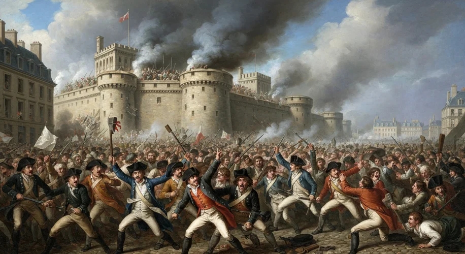 A chaotic scene of angry Parisian citizens storming the Bastille, a medieval fortress, with smoke ri