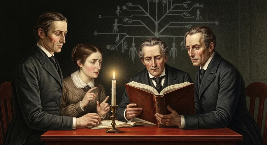 A 19th-century engraving showing a concerned Victorian family discussing a medical text, with subtle