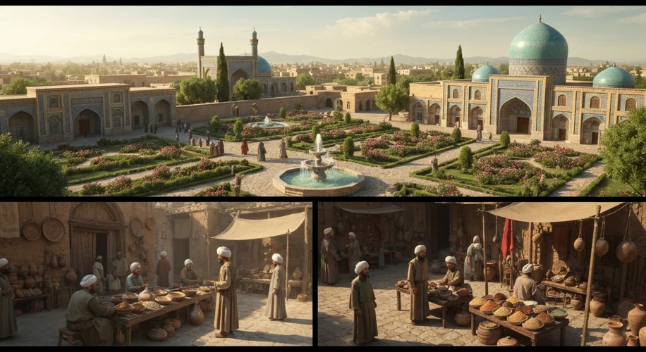 A serene view of the city of Shiraz during the Buyid era, showcasing Persian architecture, gardens, 