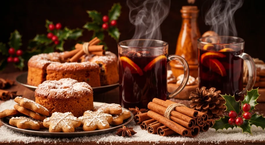 A festive Christmas table laden with traditional baked goods like gingerbread cookies and fruitcake,