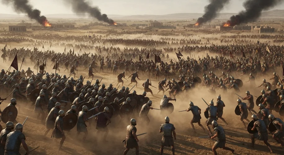 A depiction of the Battle of Carrhae, showing Parthian cavalry archers raining arrows on Roman legio