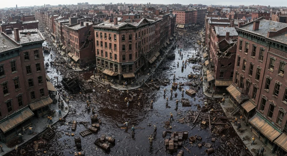 A bird's-eye view of Boston's North End showing the aftermath of the molasses flood. Buildings are d