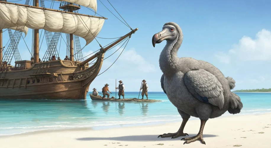 A Dutch ship anchored offshore Mauritius, with sailors disembarking. In the foreground, a dodo bird 