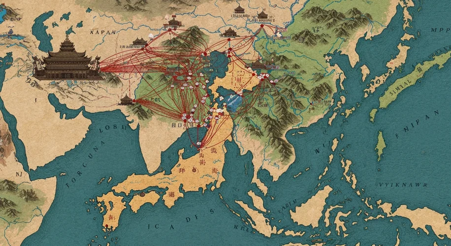 A historical map of East Asia during the Ming Dynasty, illustrating the major tributary states and t