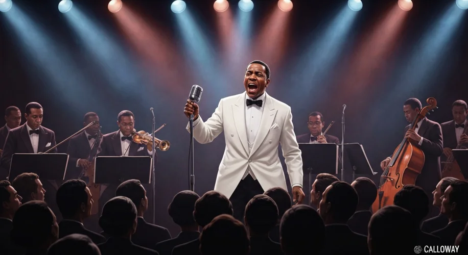 Cab Calloway, dressed in his signature white tuxedo and bow tie, performing on stage with his orches