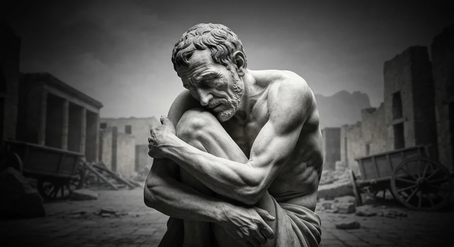 A poignant plaster cast of a victim of the Vesuvius eruption, curled in a protective posture.